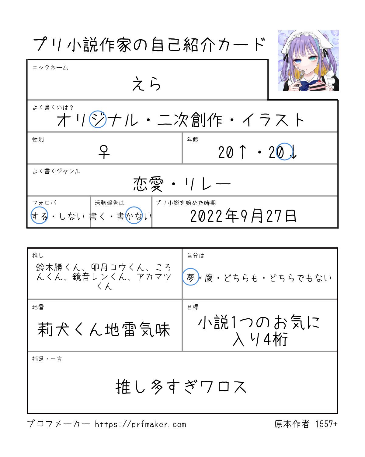プリ小説作家の自己紹介カード | プロフメーカー